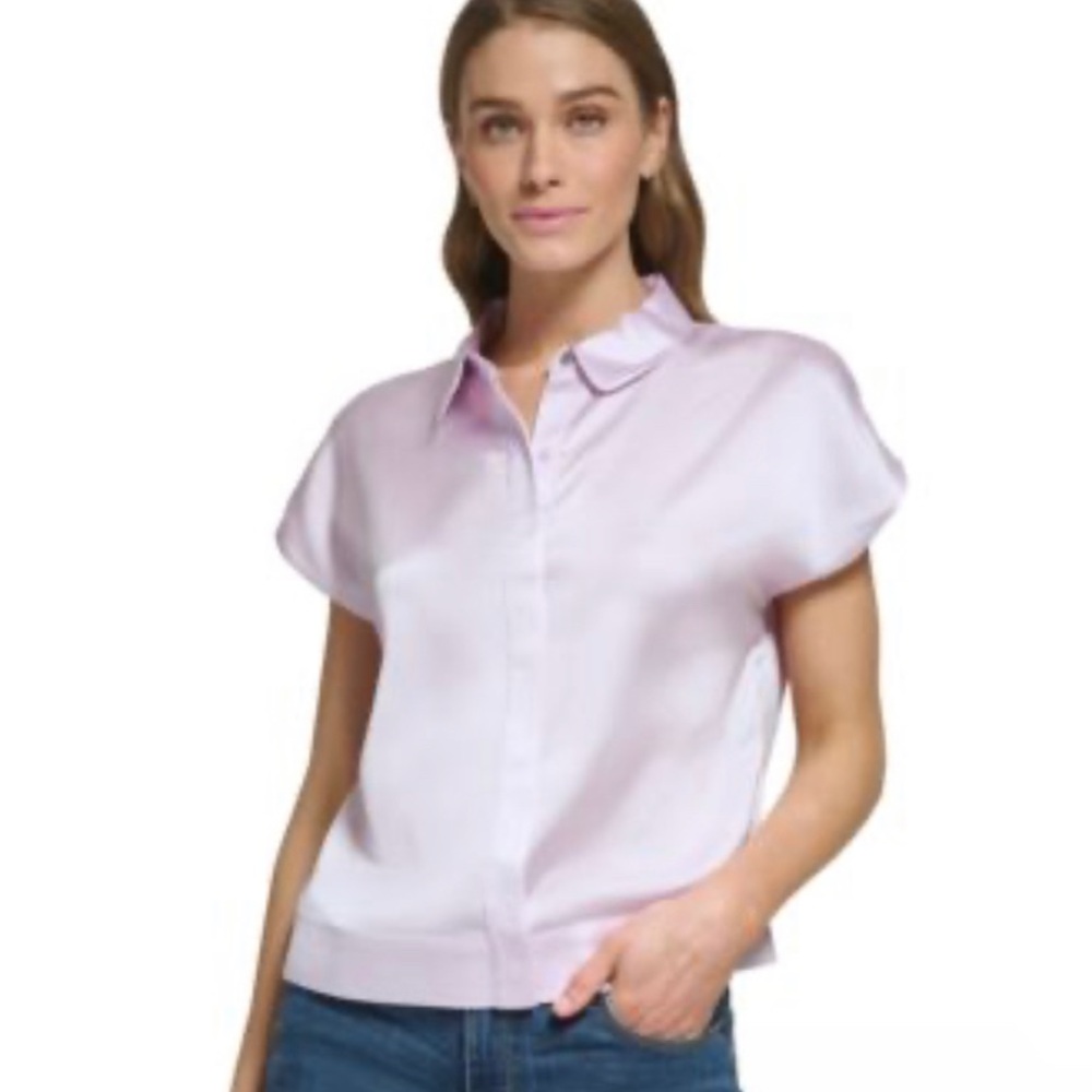 DKNY Purple Oversized Cap Sleeve Button Down Shirt